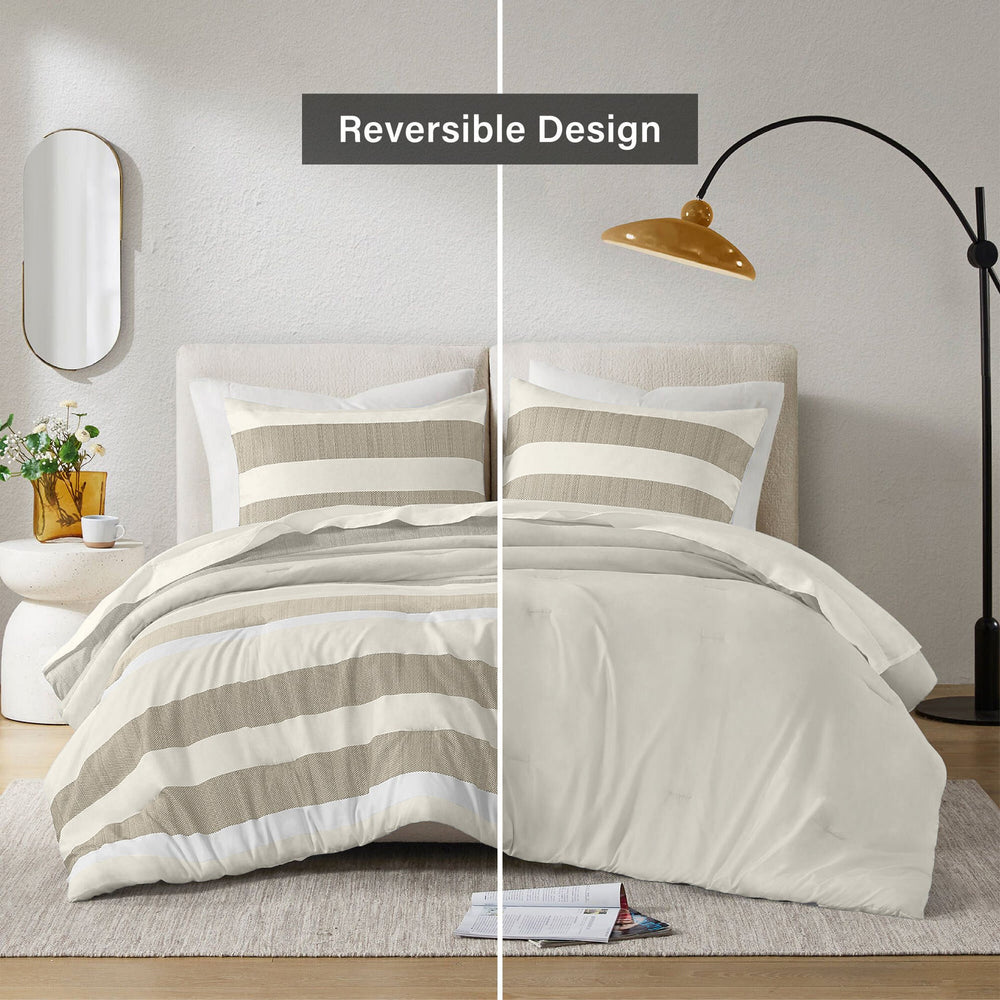 3-Piece Full/Queen Stripe Textured Print Comforter Set,Neutral Media 11