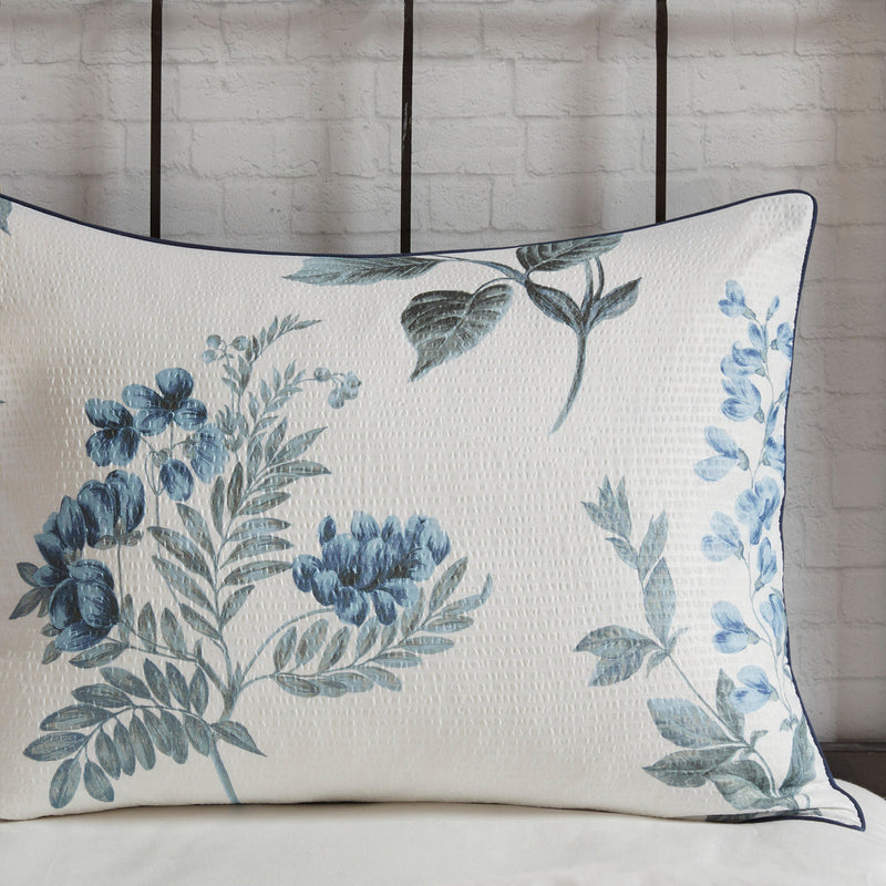 7 Piece Printed Seersucker Comforter Set with Throw Blanket Blue Full/Queen