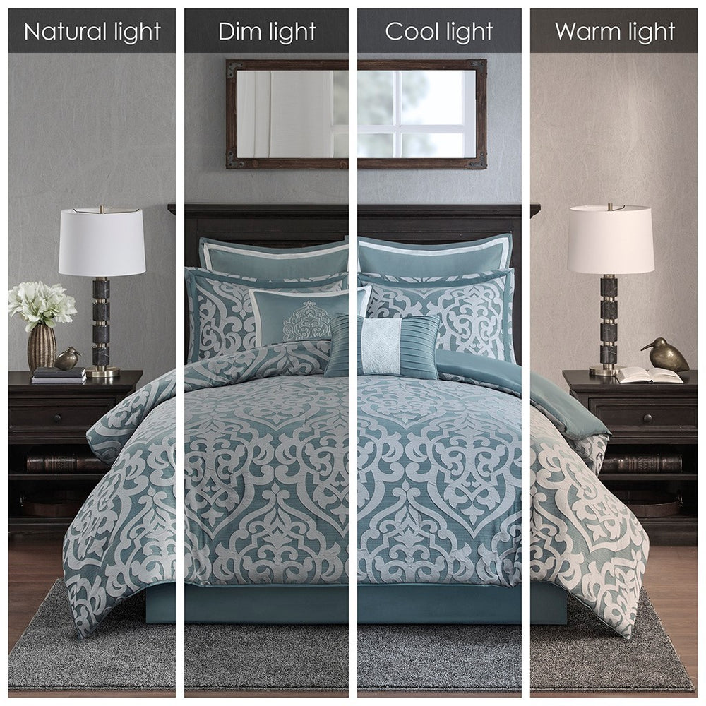 8 Piece Jacquard Comforter Set Aqua/Silver Cal King Media 9