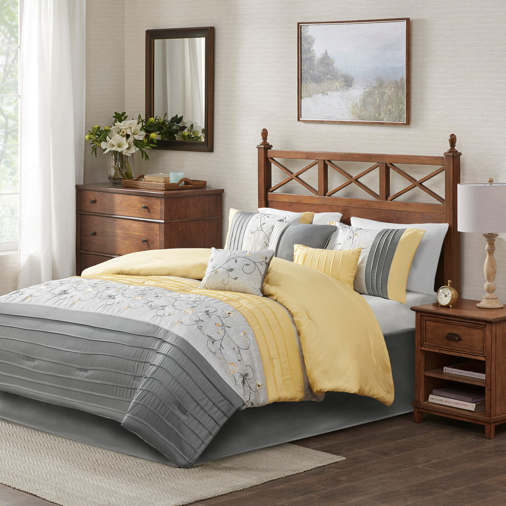 Embroidered 7 Piece Comforter Set Yellow Queen Media 1