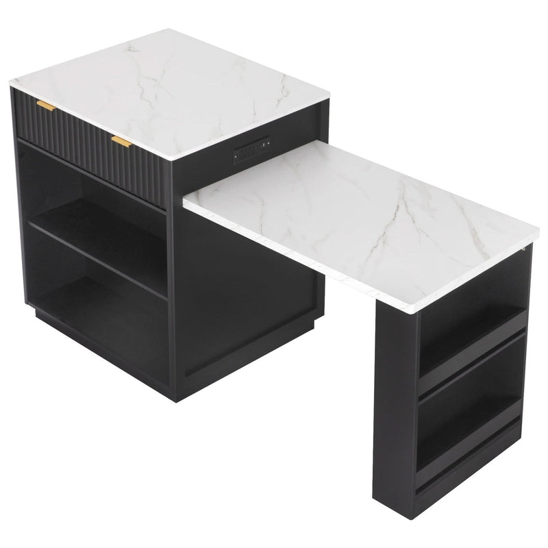 Kitchen Island Modern With Extendable Dining Table & Power Outlet For 4-6 People Black