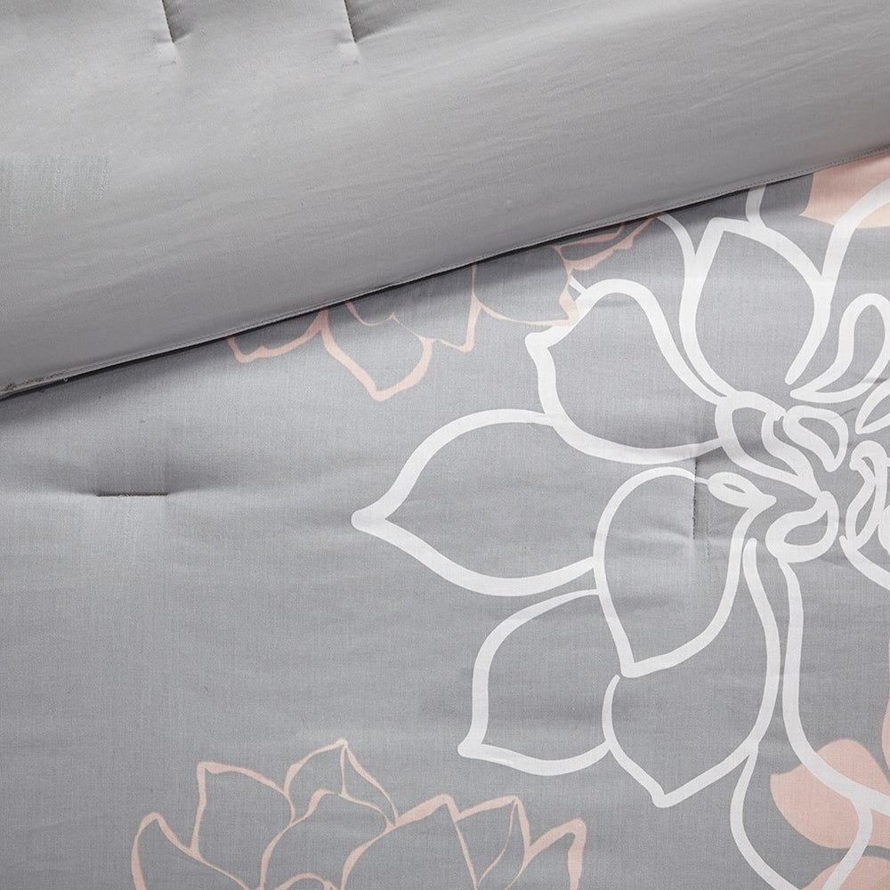 Printed Cotton Sateen Comforter Set Grey/Peach Queen Media 8