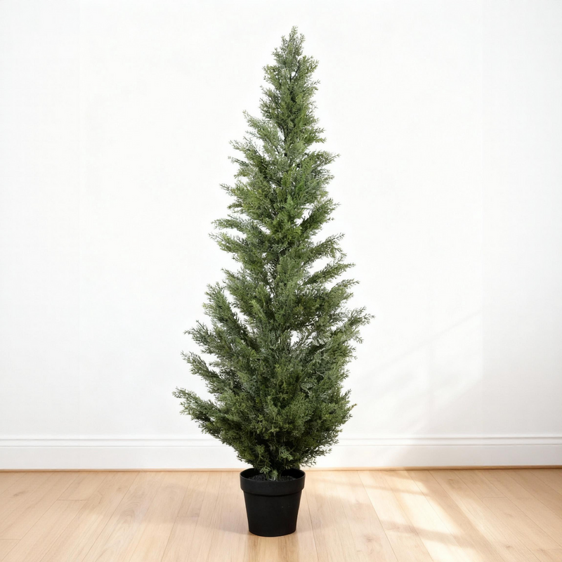 Realistic Artificial Cypress Tree in Black Plastic Pot, UV Resistant Green Fabric Leaves, 60-Inch Indoor Outdoor Topiary Plant for Garden or Entryway Decoration