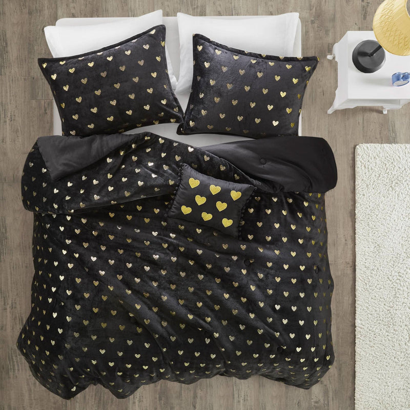 Plush Twin XL Comforter Set Metallic Heart Print With Shams & Throw Pillow Included