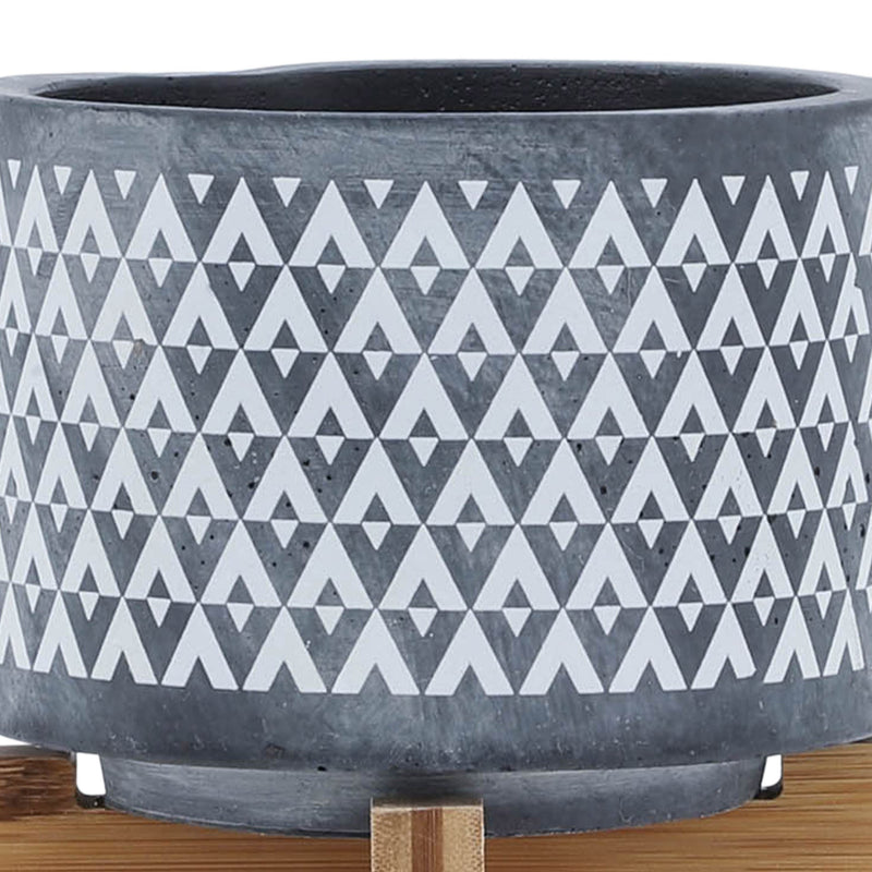 CERAMIC 5' AZTEC PLANTER ON WOODEN STAND, GRAY