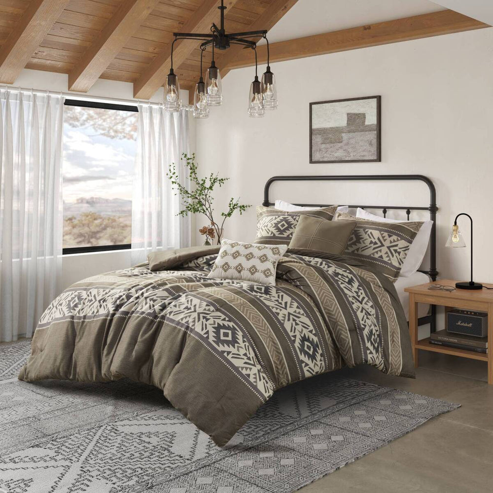 5 Piece Stripe Herringbone Comforter Set with Throw Pillows Brown Full/Queen Media 1