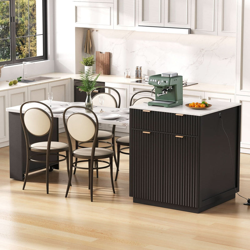 Kitchen Island Modern With Extendable Dining Table & Power Outlet For 4-6 People Black