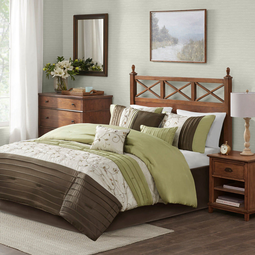Embroidered 7 Piece Comforter Set Green Cal King Media 1