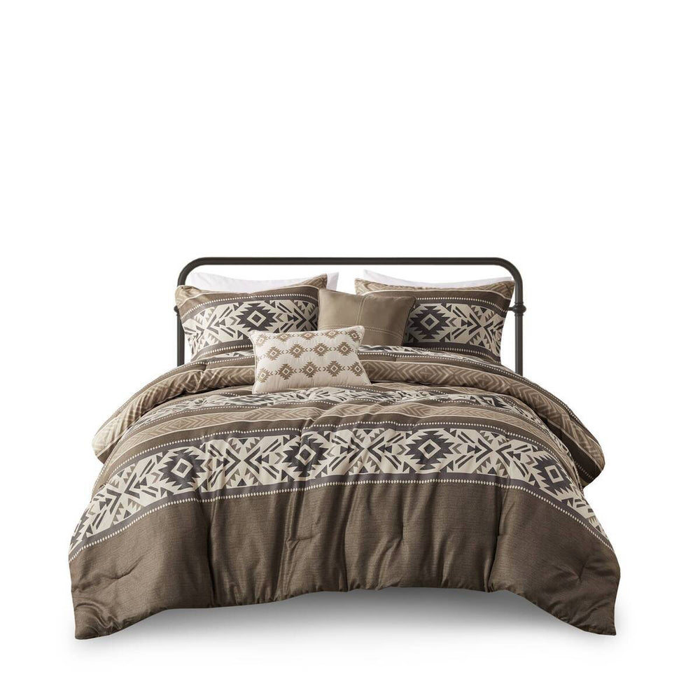 5 Piece Stripe Herringbone Comforter Set with Throw Pillows Brown Full/Queen Media 13