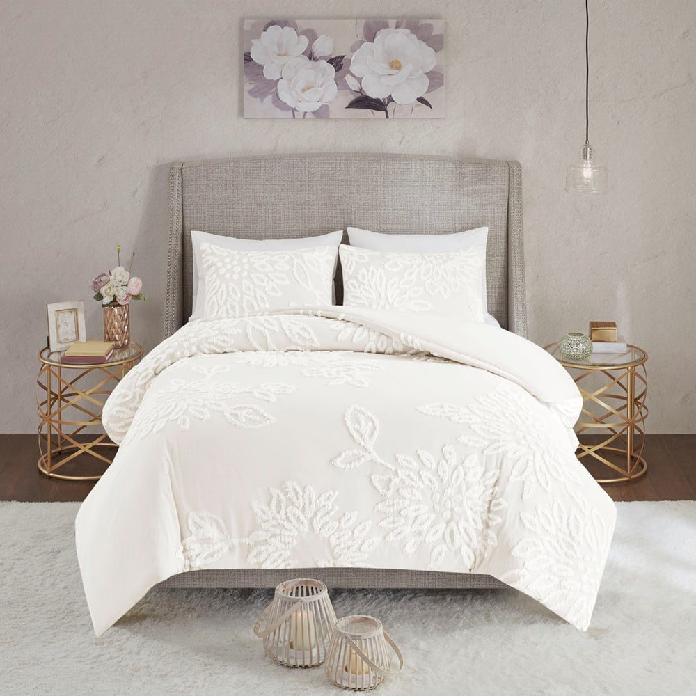 King/Cal King 3 Piece Tufted Cotton Chenille Floral Duvet Cover Set Media 2