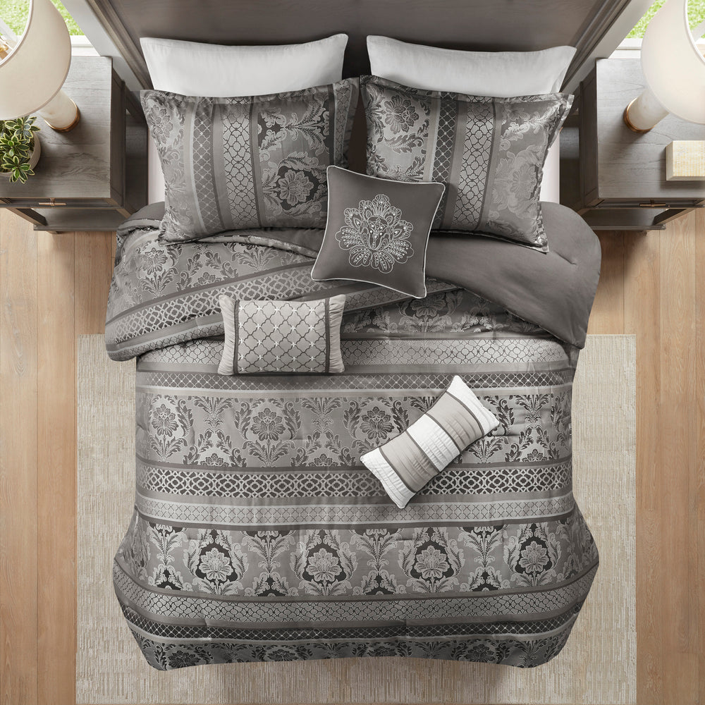7 Piece Jacquard Comforter Set Grey Cal King Media 2