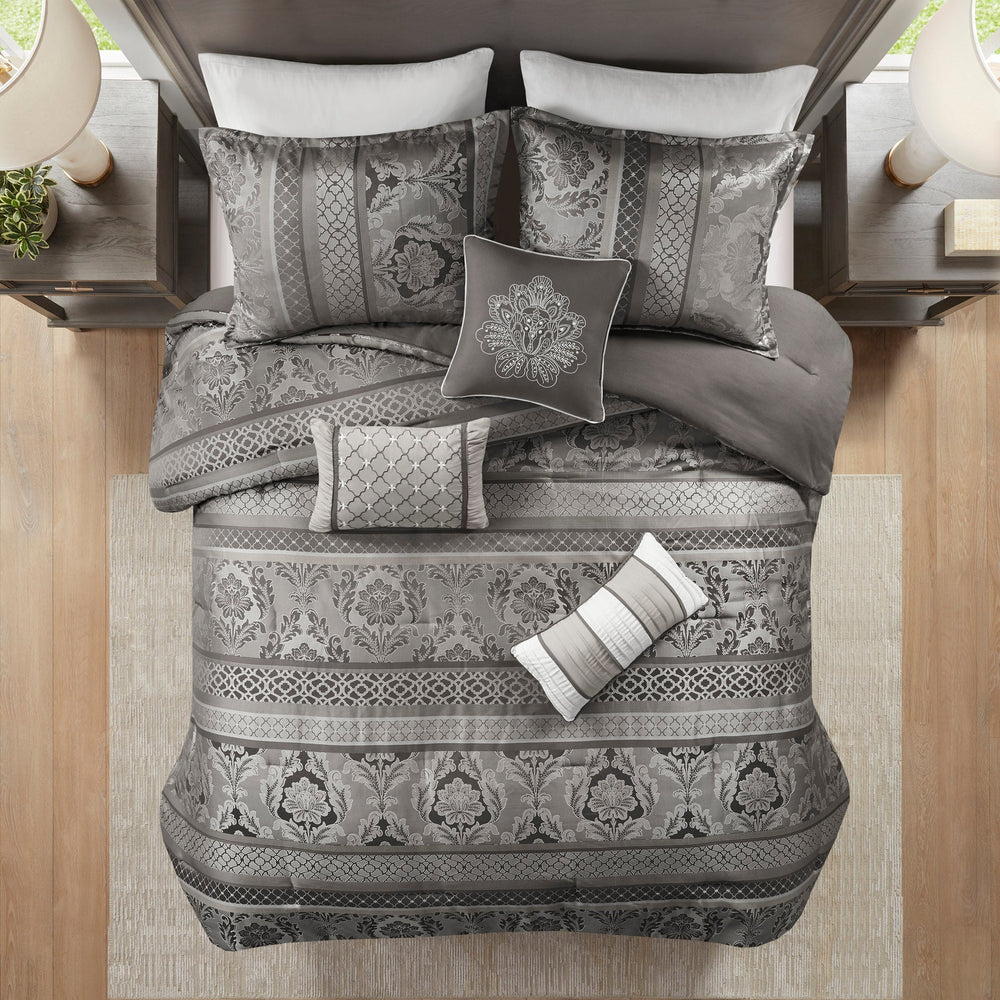 7 Piece Jacquard Comforter Set Grey Cal King Media 2