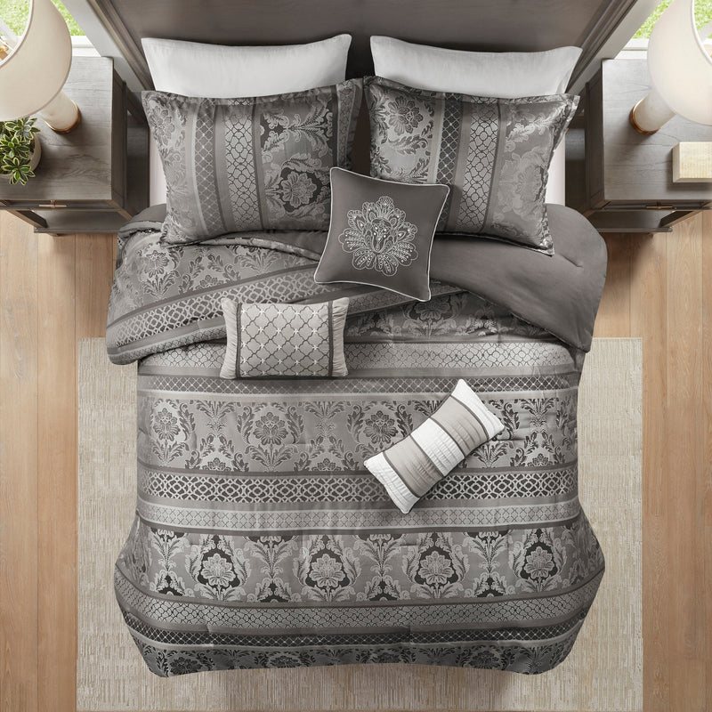 7 Piece Jacquard Comforter Set Grey Cal King