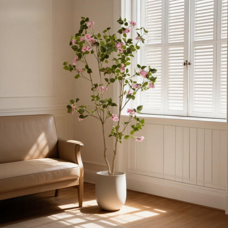 Artificial Bougainvillea Tree with Black Plastic Pot, Realistic Faux Flowering Plant in Green Leaves and Pink Blooms, 72-Inch Indoor Decor for Home Office