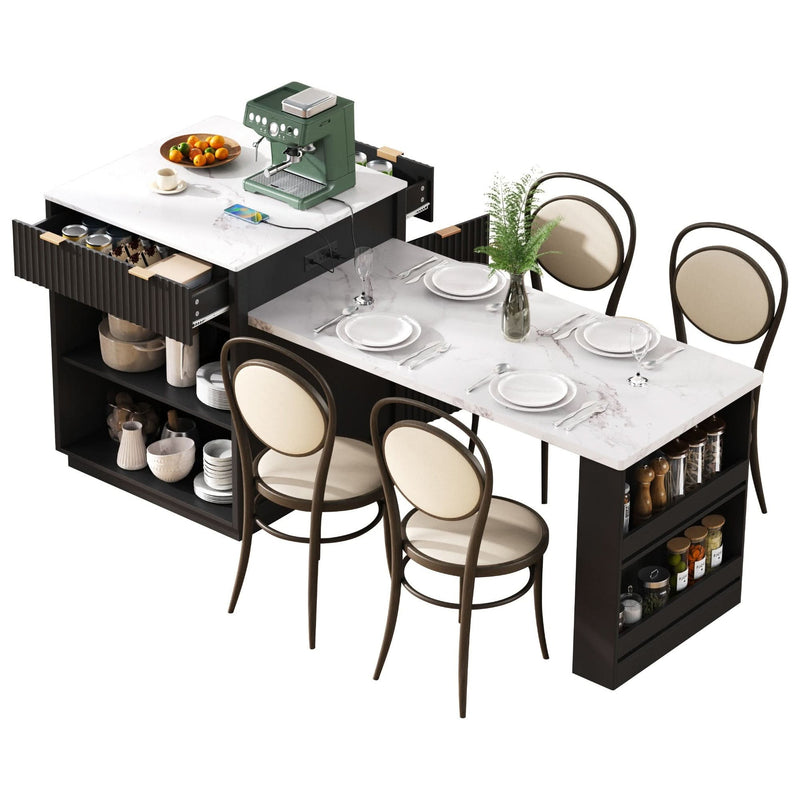 Kitchen Island Modern With Extendable Dining Table & Power Outlet For 4-6 People Black