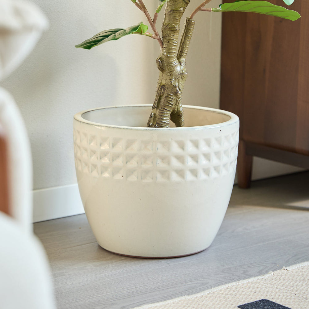 Handmade Ceramic Flower Pot Set of 3, 15/12/9 Inch Diameter, White Diamond Pattern, for Succulents Indoor/Outdoor Use on Windowsill & Bookshelf, Breathable Clay Media 13