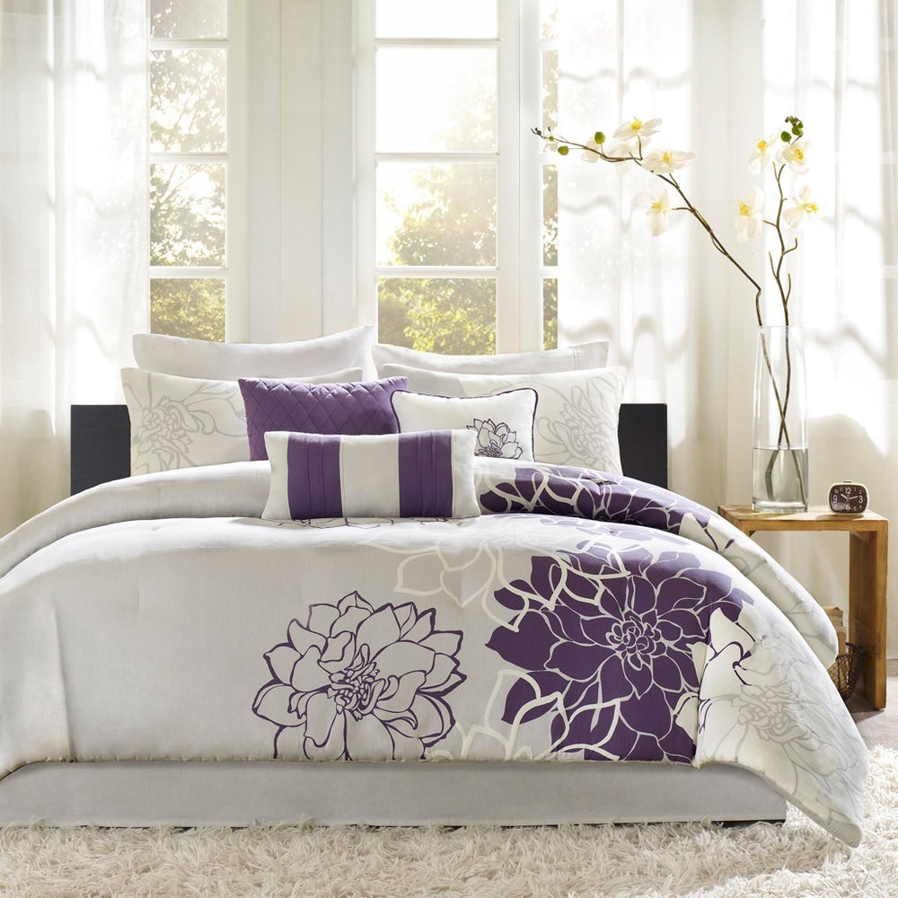 Printed Cotton Sateen Comforter Set Taupe Grey/Purple King Media 1
