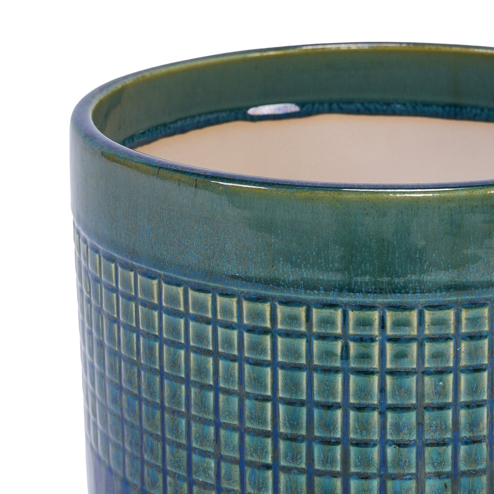 Set of 3 Grid Ceramic Flowerpot, Modern Planter for Patio, Garden, Windowsill - Blue Green Media 12