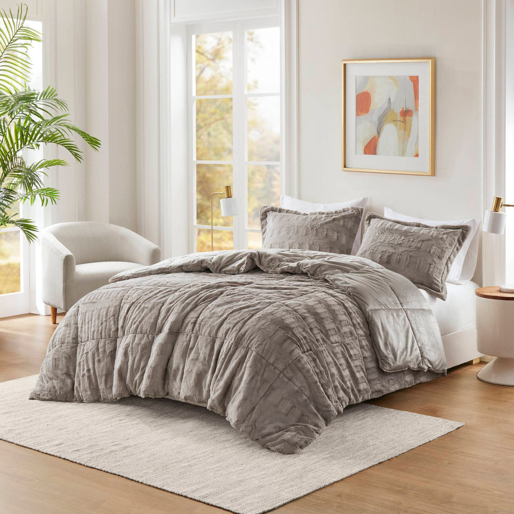 3 PCS King/Cal King Solid Faux Fur Comforter Mini Set Gray Media 1
