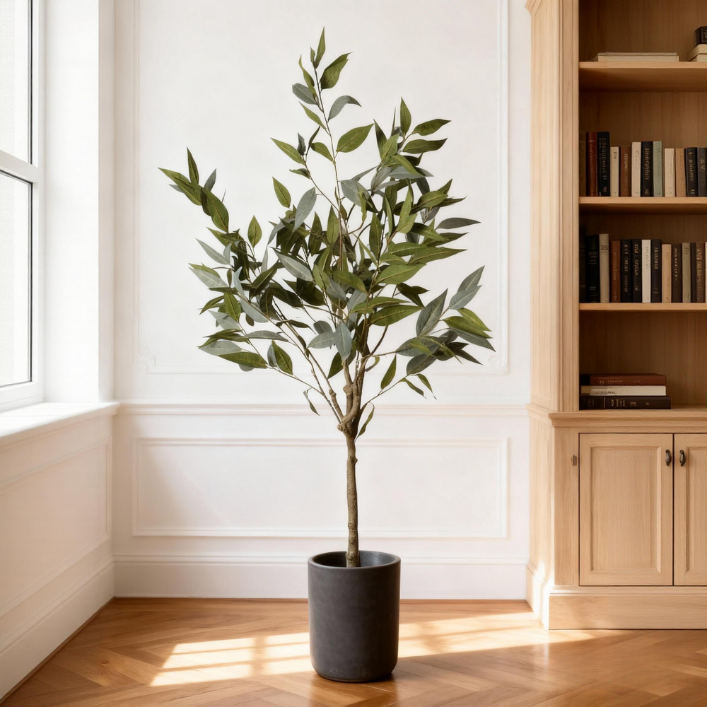 5FT Realistic Artificial Eucalyptus Tree in Black Plastic Pot with Lush Green Fabric Leaves, Indoor Potted Faux Plant for Home Office Decor Media 11
