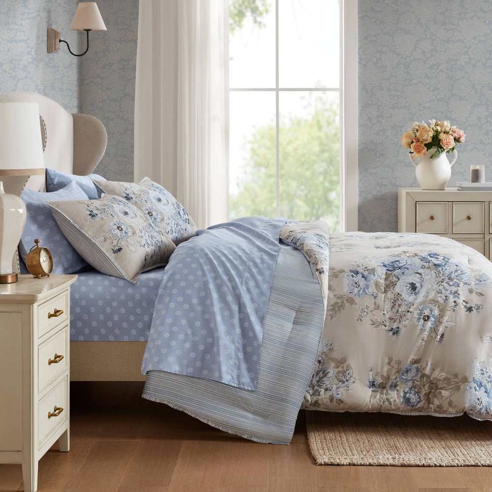 7-Piece Full 7 Piece Vin -inspired Collection floral print,Beige/Blue Media 15