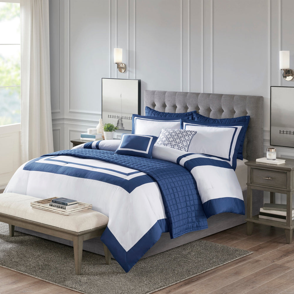 8 Piece Comforter and Quilt Set Collection Navy King/Cal King Media 1