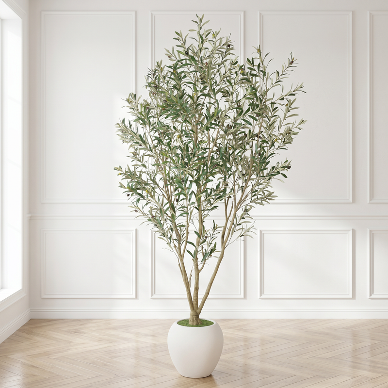 8FT Artificial Olive Tree With Big Decorative White Planter, Tall Indoor & Covered Outdoor Decorative Tree, 1pc/set
