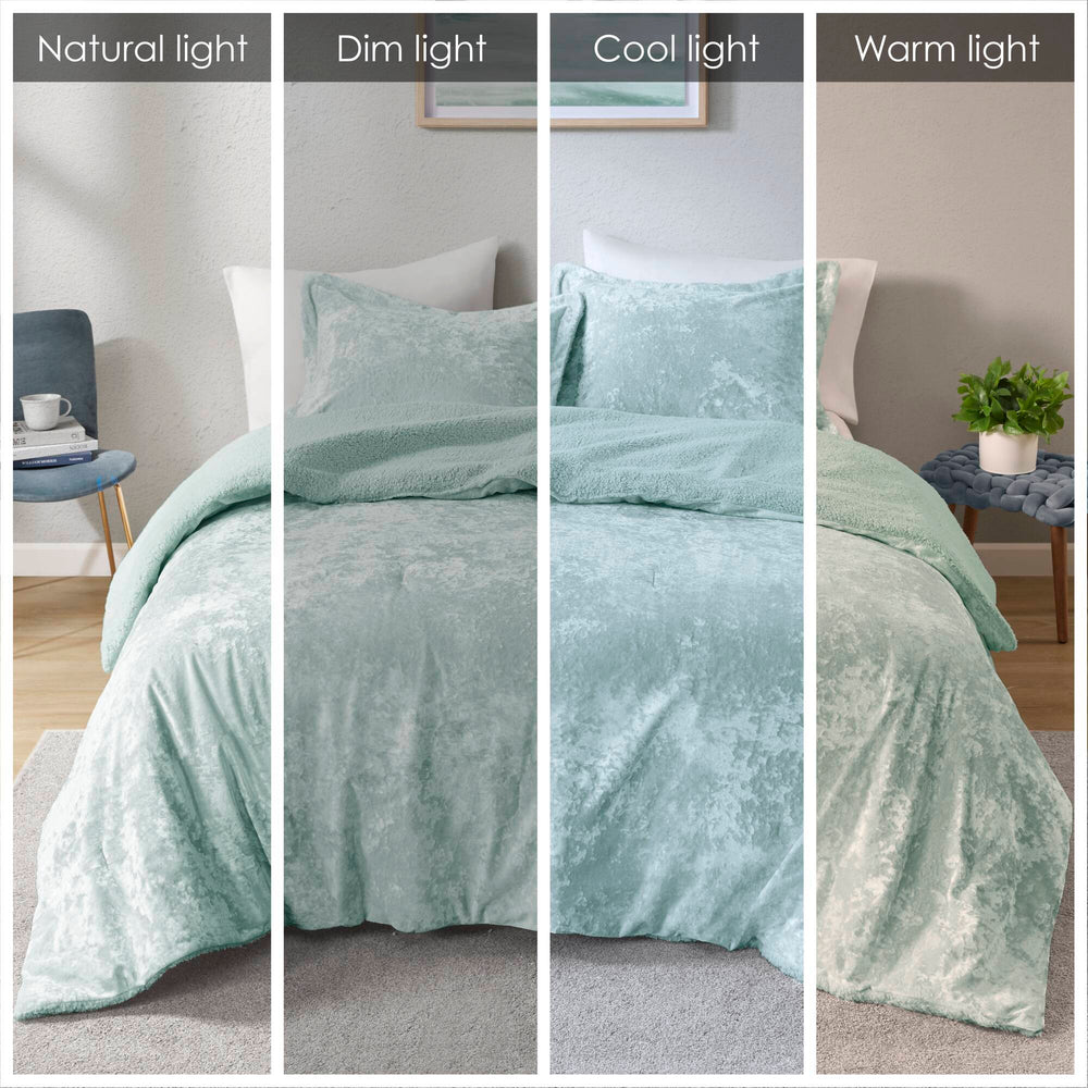 3 PCS Full/Queen Crushed Velvet   Reversible Comforter Set Aqua Media 3