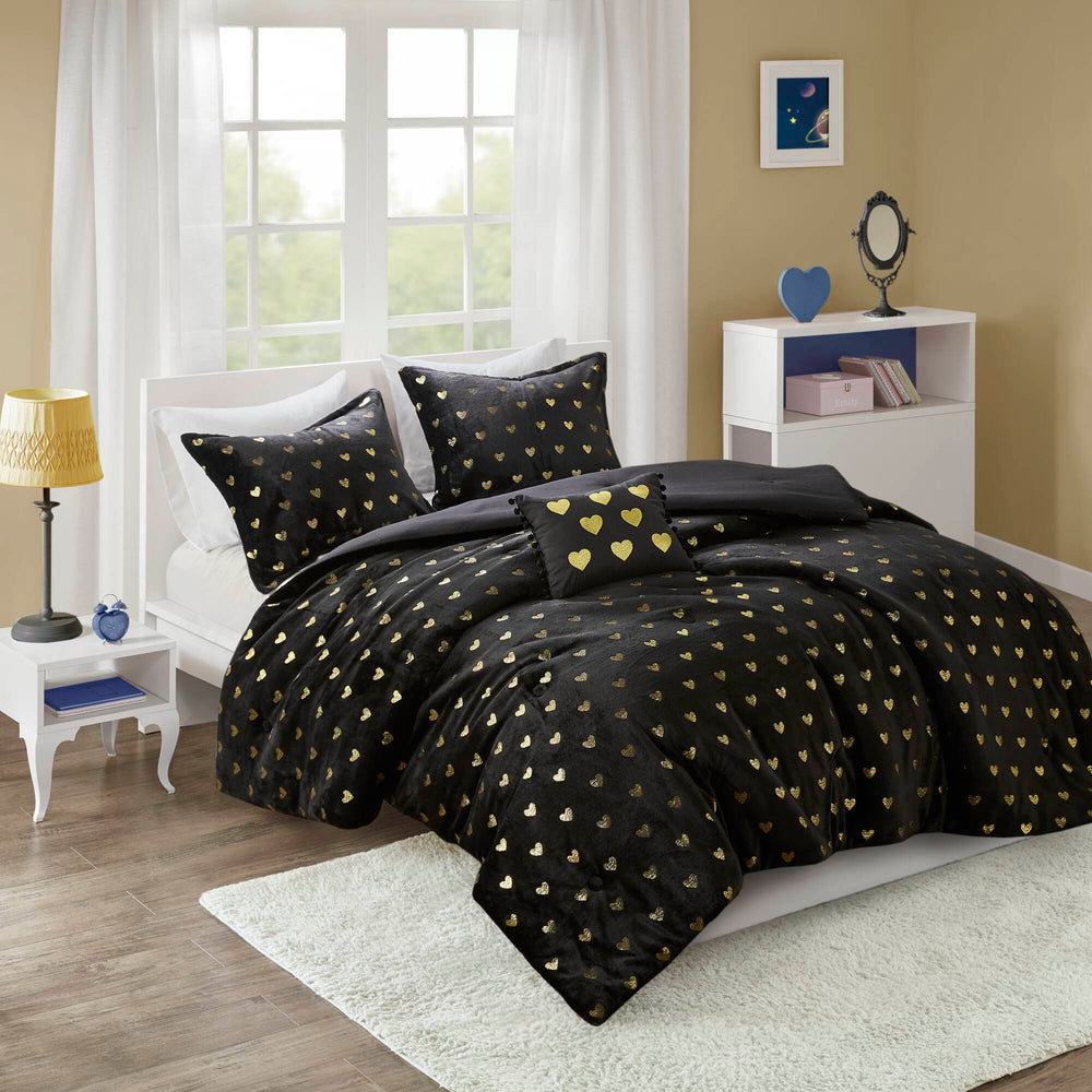 3 PCS Twin/Twin XL Metallic Printed Plush Comforter Set with Throw Pillow Black/Gold Media 1