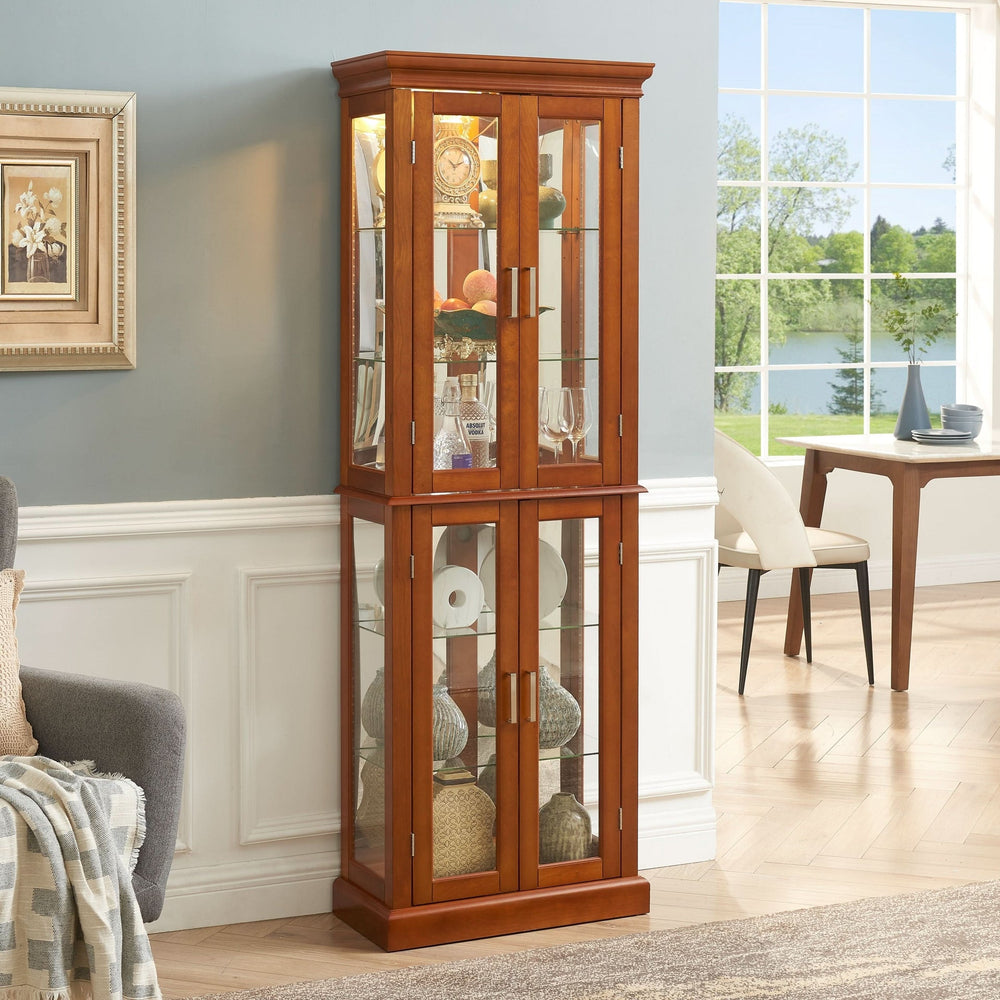 Glass Display Cabinet Tempered Glass Doors Walnut Finish Transitional Media 4