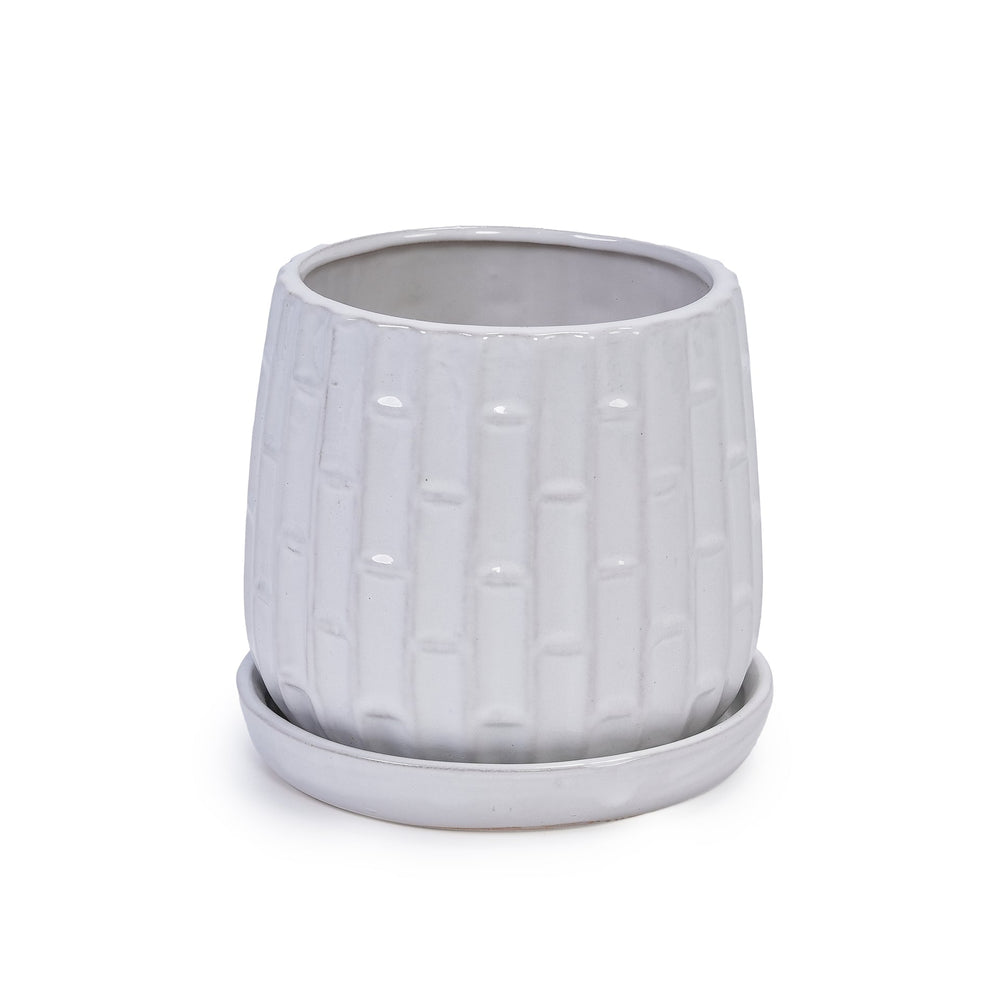 Handmade White Glazed Ceramic Planter Set of 2, 6' & 8' Diameter, Bamboo-like Pattern, for Orchids Indoor/Outdoor Shelf & Table Use, Breathable Clay Media 12