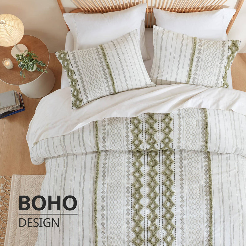 3 PCS King/Cal King Cotton Printed Comforter Set with Chenille Sage/Ivory