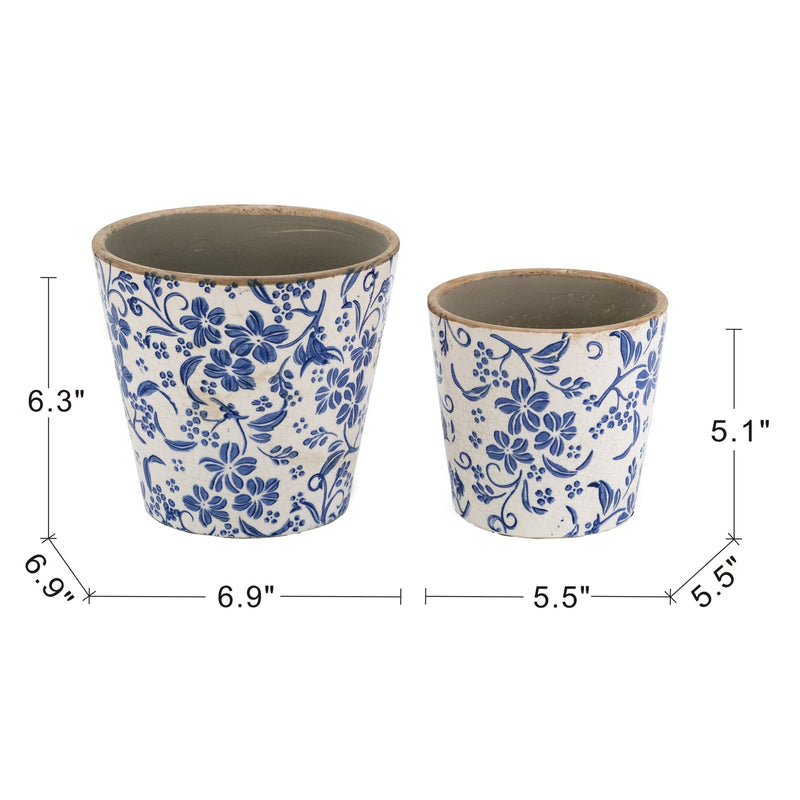 S/2 Blue and White Ceramic Planters with Floral Motif
