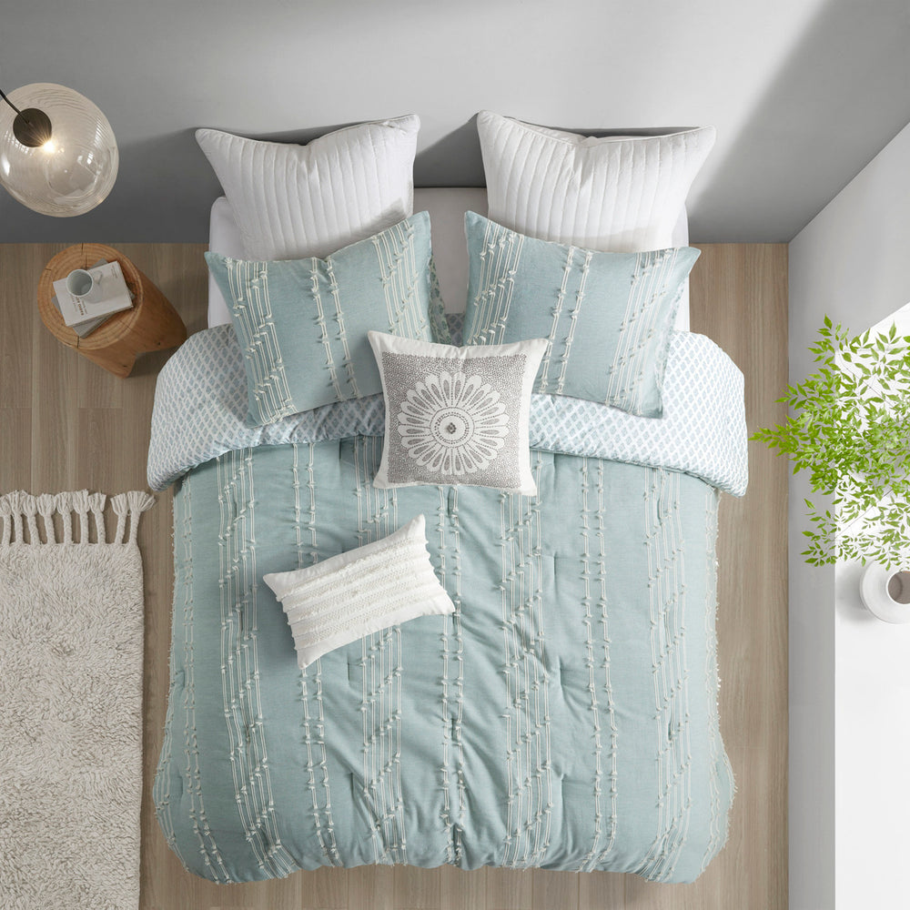 3 Piece Cotton Jacquard Comforter Set Aqua Full/Queen Media 2