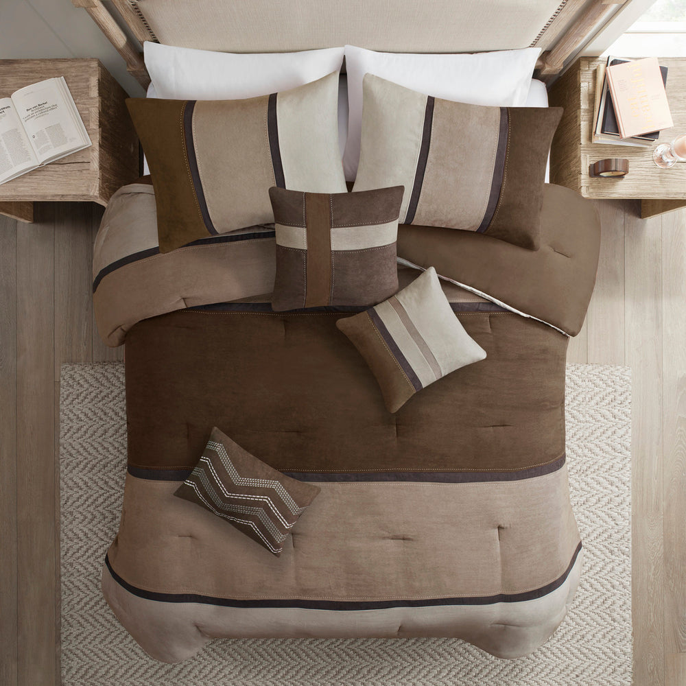 7 Piece Faux Suede Comforter Set Brown Queen Media 15