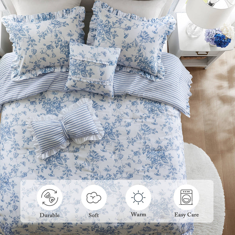 5 Pieces Full/Queen Comforter Set with Decorative Pillows,Blue