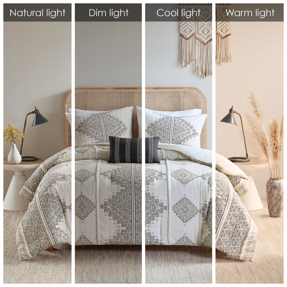 4 Piece Printed Comforter Set with Throw Pillow Black/Ivory Full/Queen Media 15