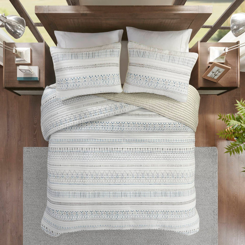 3 Piece   Seersucker Quilt Set Taupe/Blue Full/Queen