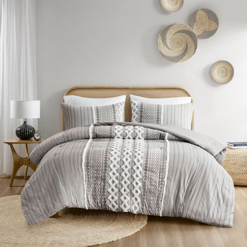 Cotton Printed Comforter Set with Chenille Gray Full/Queen Media 14