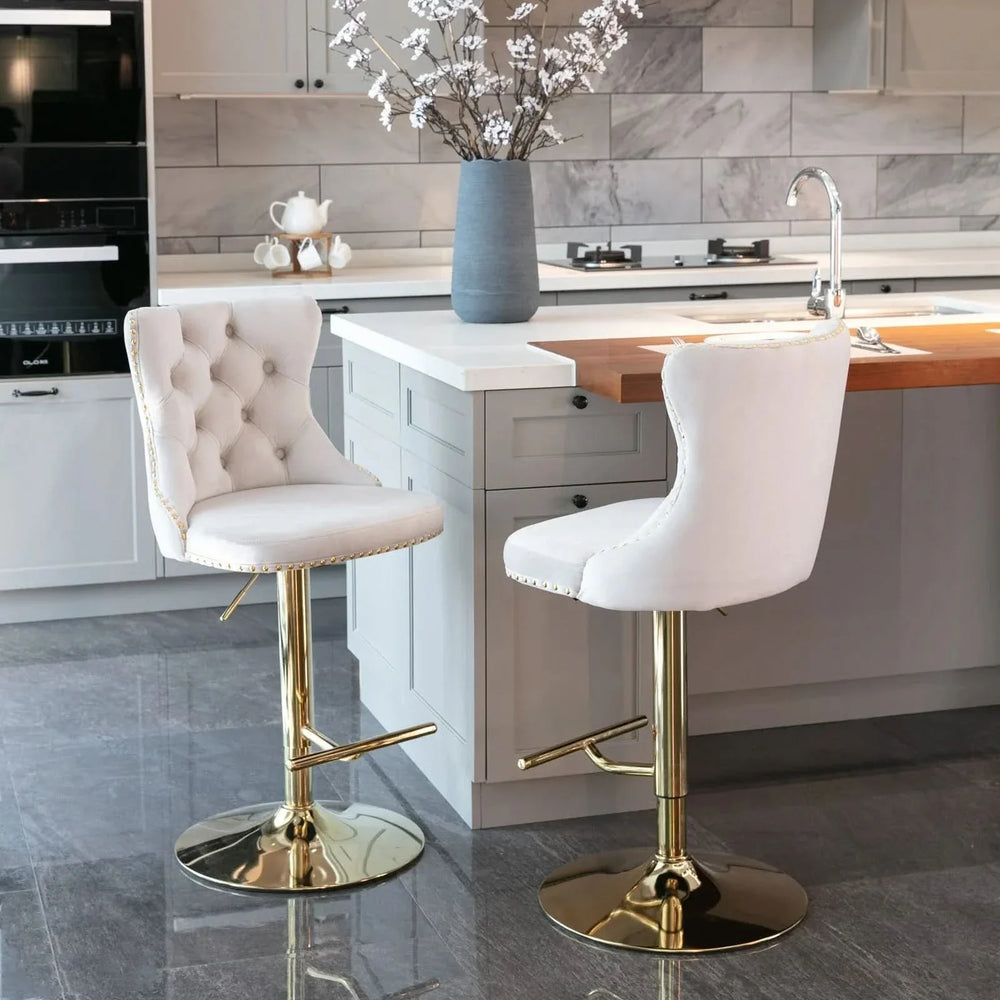 Velvet Bar Stools Beige Upholstered Adjustable Height 25-33 In Set Of 2 Media 15