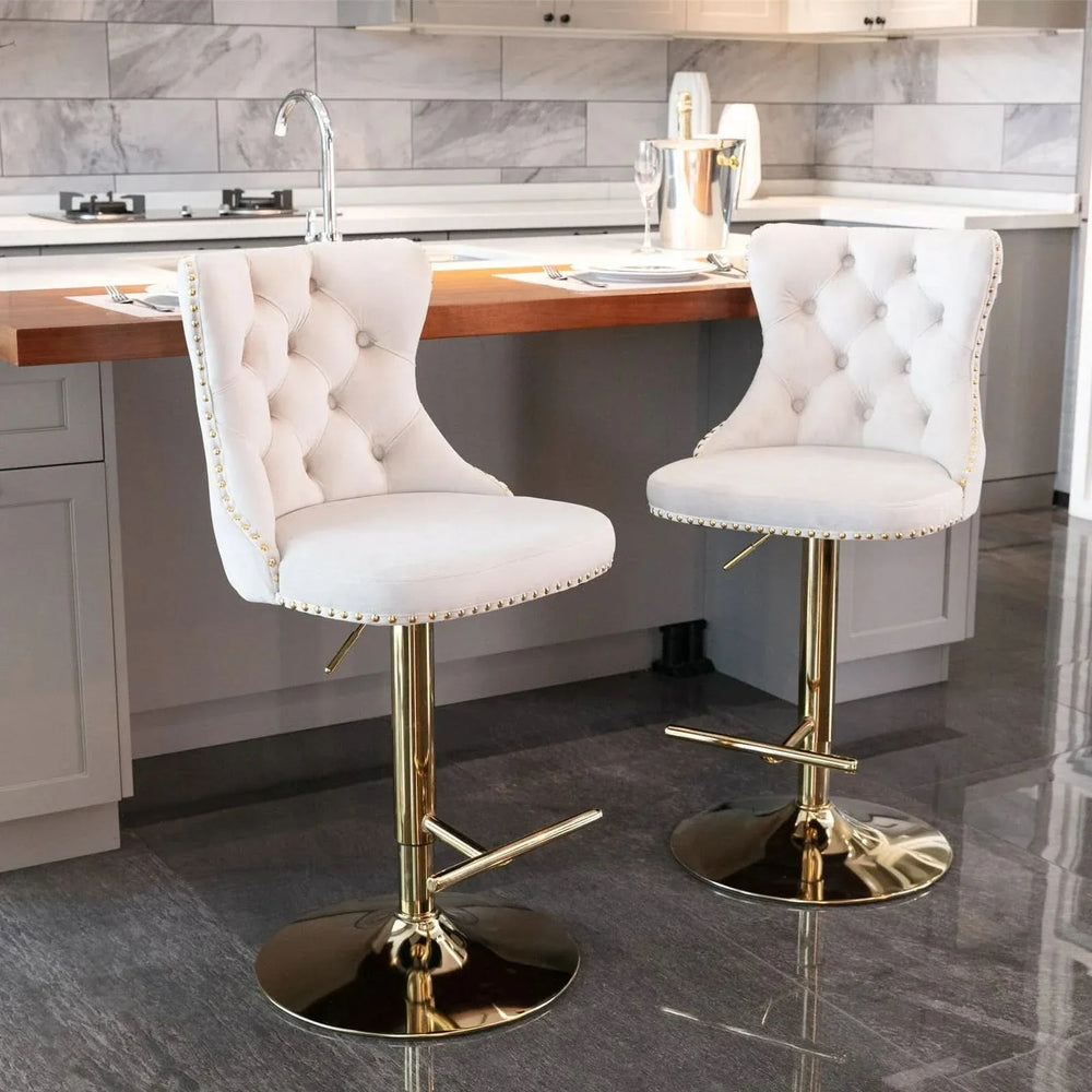 Velvet Bar Stools Beige Upholstered Adjustable Height 25-33 In Set Of 2 Media 19