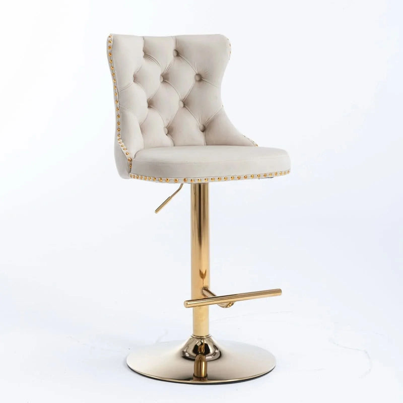 Velvet Bar Stools Beige Upholstered Adjustable Height 25-33 In Set Of 2