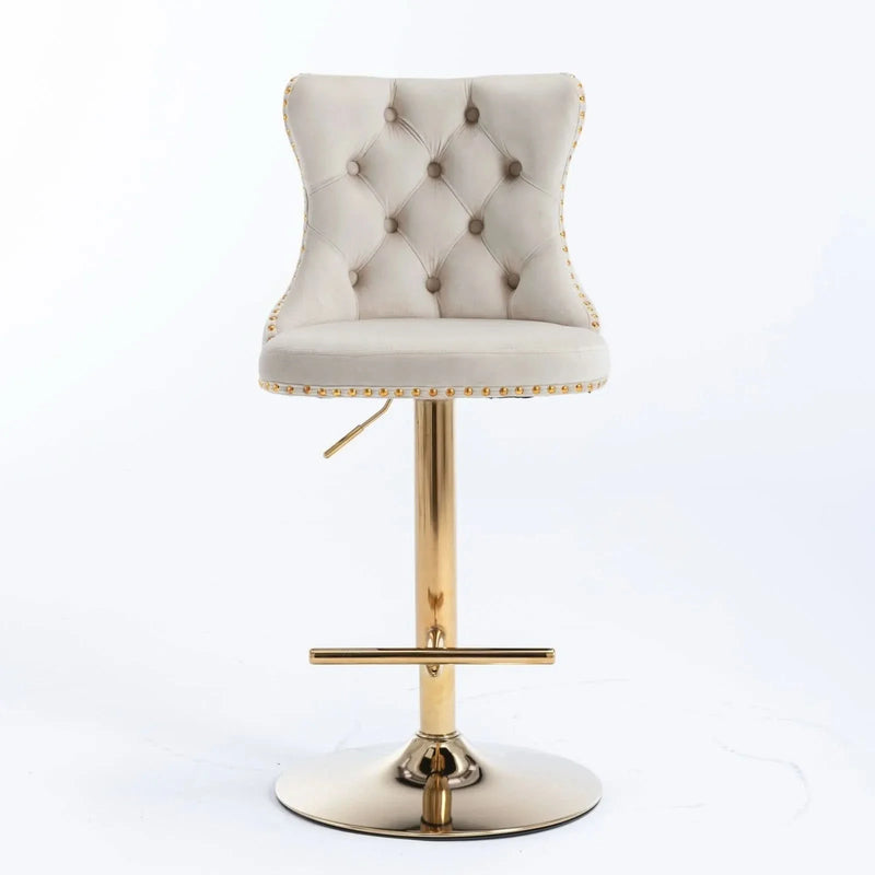 Velvet Bar Stools Beige Upholstered Adjustable Height 25-33 In Set Of 2