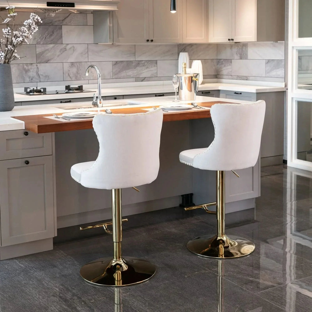 Velvet Bar Stools Beige Upholstered Adjustable Height 25-33 In Set Of 2 Media 17