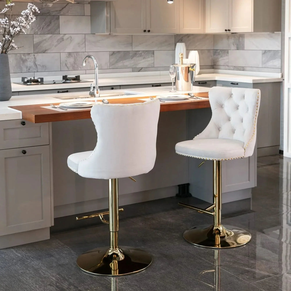 Velvet Bar Stools Beige Upholstered Adjustable Height 25-33 In Set Of 2 Media 18