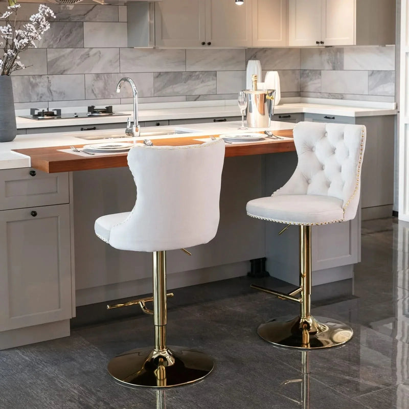 Velvet Bar Stools Beige Upholstered Adjustable Height 25-33 In Set Of 2