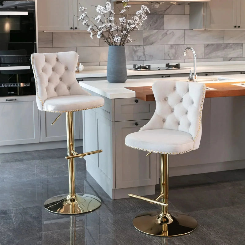 Velvet Bar Stools Beige Upholstered Adjustable Height 25-33 In Set Of 2