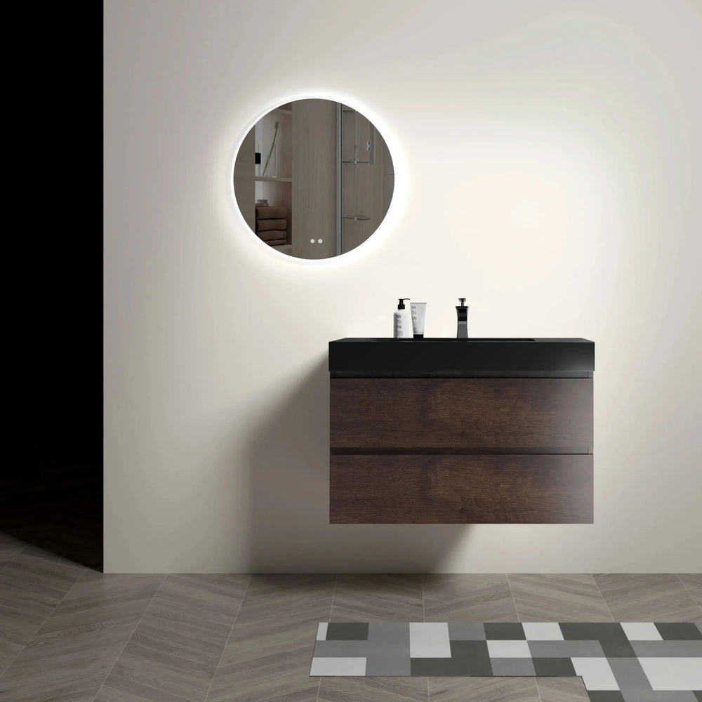 Walnut Bathroom Vanity Black Sink Wall Mounted Floating Space-Saving Design Media 4