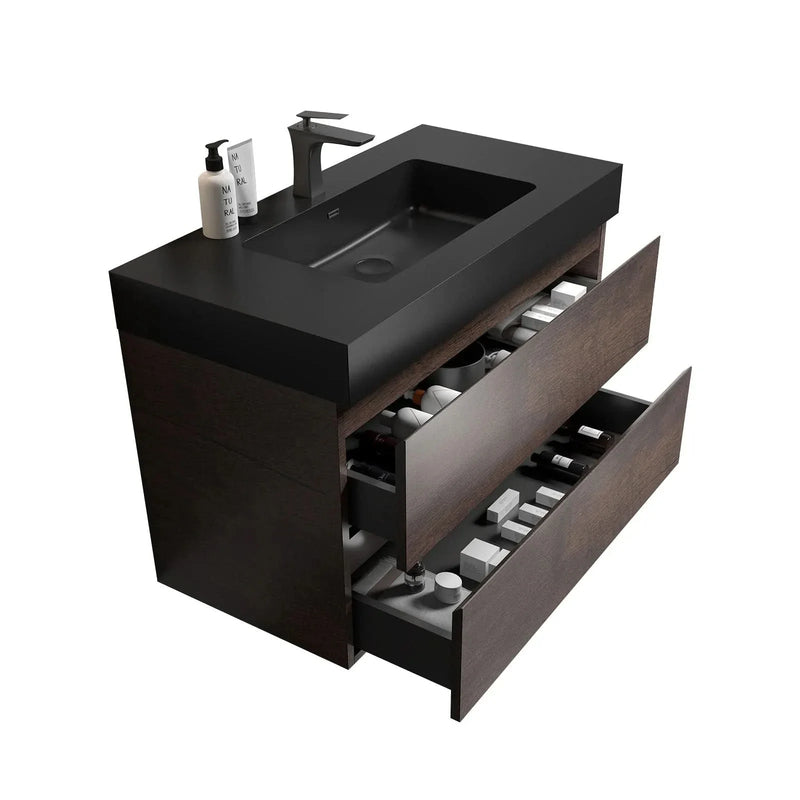 Walnut Bathroom Vanity Black Sink Wall Mounted Floating Space-Saving Design