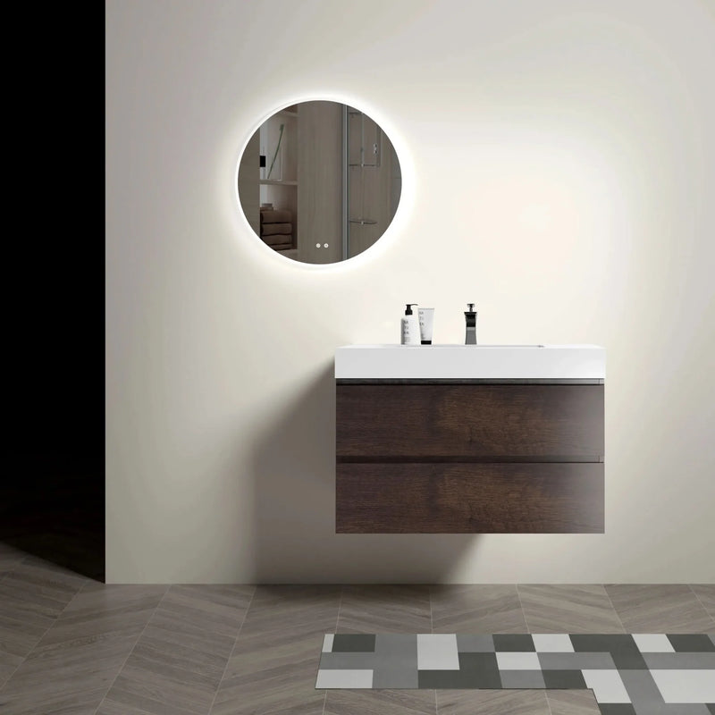 Bathroom Vanity Walnut Wood Wall Mounted Floating With Large Storage